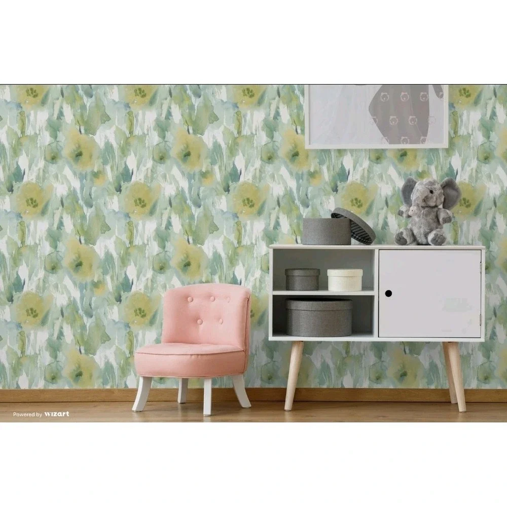 Grace & Gardenia GW2014 Watercolor Floral Fresh Peel and Stick Wallpaper Green